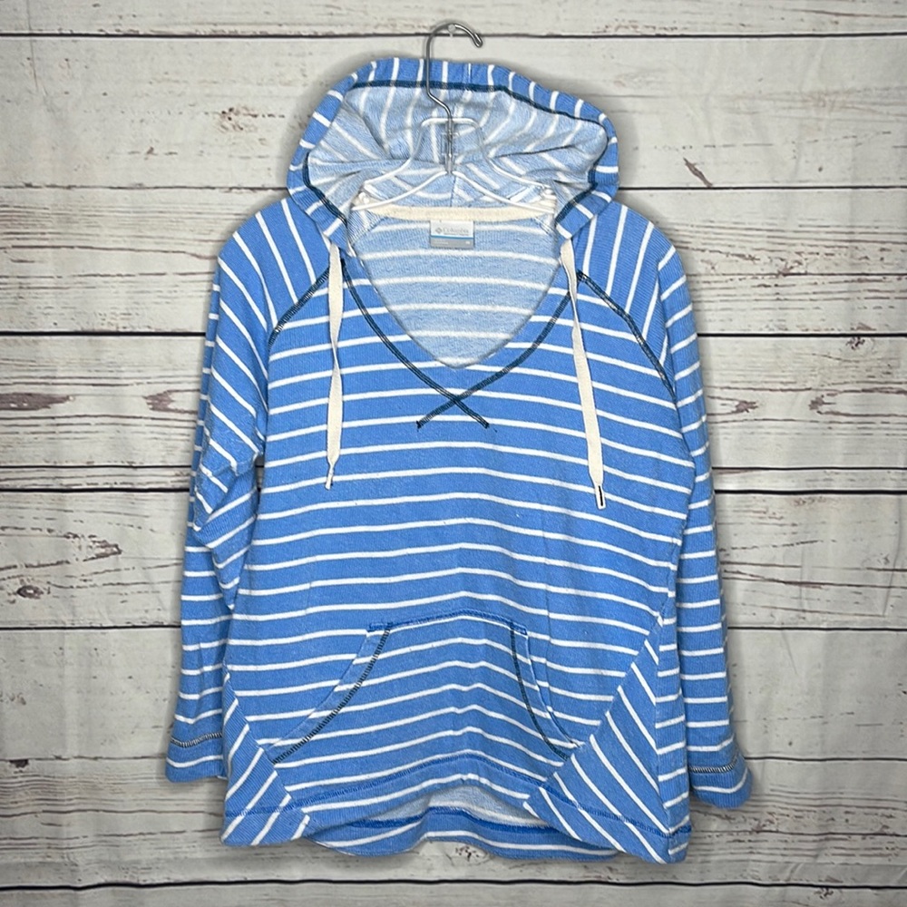 Columbia Blue White Striped Hoodie Pullover Sz Medium! - Picture 1 of 9